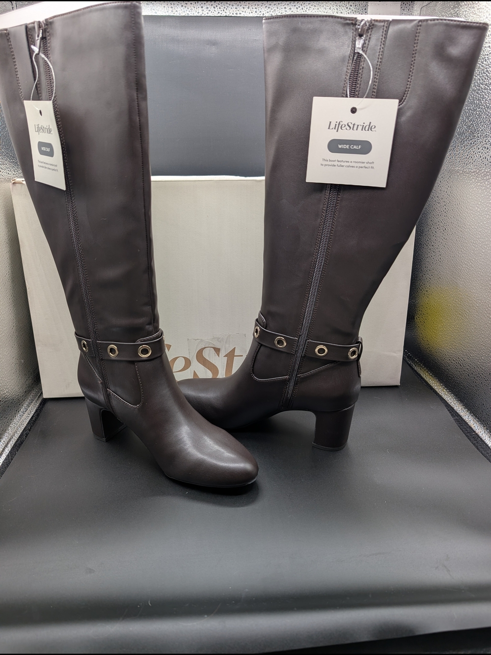 Life Stride Tall Brown Wide-Calf Heeled Riding Boots